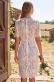 Lace White Short Sleeve Sheath Midi Engagement Dress