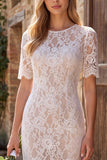 Lace White Short Sleeve Sheath Midi Engagement Dress