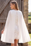 Bodycon Lace Round Neck White Mini Engagement Dress With Cape