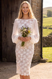 White Lace Sheath Midi Engagement Dress With Long Sleeves