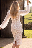 White Lace Sheath Midi Engagement Dress With Long Sleeves