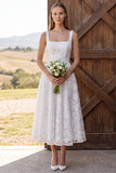 Square Neck White Lace A Line Midi Engagement Dress