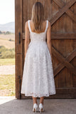 Square Neck White Lace A Line Midi Engagement Dress