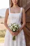 Square Neck White Lace A Line Midi Engagement Dress