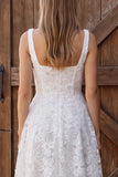 Square Neck White Lace A Line Midi Engagement Dress