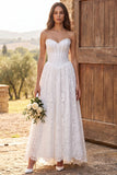 Corset Strapless White Lace A Line Maxi Beach Wedding Dress