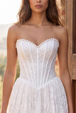 Corset Strapless White Lace A Line Maxi Beach Wedding Dress