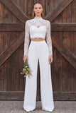 Long Sleeve White Lace 2-piece Maxi Engagement Pant Suit