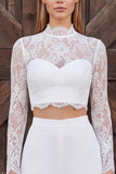 Long Sleeve White Lace 2-piece Maxi Engagement Pant Suit
