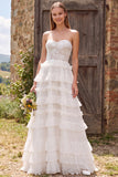 Strapless White Lace A Line Tiered Maxi Beach Wedding Dress