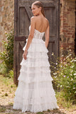 Strapless White Lace A Line Tiered Maxi Beach Wedding Dress