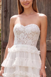 Strapless White Lace A Line Tiered Maxi Beach Wedding Dress