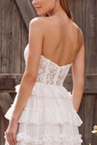 Strapless White Lace A Line Tiered Maxi Beach Wedding Dress