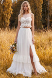 A Line White Lace Ruffled 2-piece Illusion Neck Maxi Boho Wedding Dress