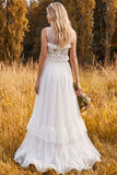 A Line White Lace Ruffled 2-piece Illusion Neck Maxi Boho Wedding Dress