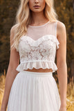 A Line White Lace Ruffled 2-piece Illusion Neck Maxi Boho Wedding Dress