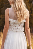 A Line White Lace Ruffled 2-piece Illusion Neck Maxi Boho Wedding Dress