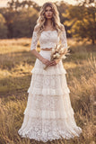 Off The Shoulder A Line White Lace Ruffled 2-piece Maxi Boho Wedding Dress