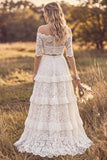 Off The Shoulder A Line White Lace Ruffled 2-piece Maxi Boho Wedding Dress