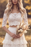 Off The Shoulder A Line White Lace Ruffled 2-piece Maxi Boho Wedding Dress