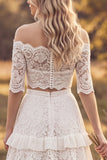 Off The Shoulder A Line White Lace Ruffled 2-piece Maxi Boho Wedding Dress