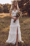 Lace V-Neck A Line White Ruffled 2-piece Maxi Boho Wedding Dress