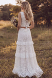 Lace V-Neck A Line White Ruffled 2-piece Maxi Boho Wedding Dress