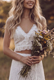 Lace V-Neck A Line White Ruffled 2-piece Maxi Boho Wedding Dress