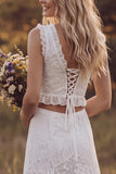 Lace V-Neck A Line White Ruffled 2-piece Maxi Boho Wedding Dress