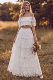 Off The Shoulder Lace A Line White Tiered 2-piece Maxi Boho Wedding Dress