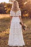 Off The Shoulder Lace A Line White Tiered 2-piece Maxi Boho Wedding Dress
