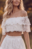 Off The Shoulder Lace A Line White Tiered 2-piece Maxi Boho Wedding Dress