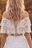 Off The Shoulder Lace A Line White Tiered 2-piece Maxi Boho Wedding Dress