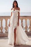 Off The Shouler A Line Ruffled White Maxi Beach Wedding Dress
