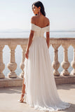 Off The Shouler A Line Ruffled White Maxi Beach Wedding Dress