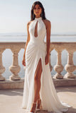 Halter A Line White Chiffon Maxi Beach Wedding Dress
