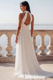 Halter A Line White Chiffon Maxi Beach Wedding Dress