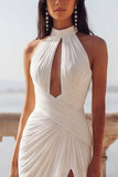 Halter A Line White Chiffon Maxi Beach Wedding Dress