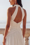 Halter A Line White Chiffon Maxi Beach Wedding Dress