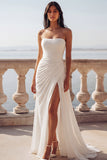 Strapless A Line White Ruched Chiffon Maxi Beach Wedding Dress