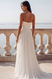 Strapless A Line White Ruched Chiffon Maxi Beach Wedding Dress