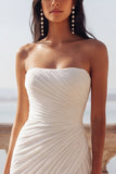 Strapless A Line White Ruched Chiffon Maxi Beach Wedding Dress