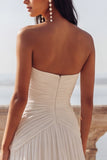 Strapless A Line White Ruched Chiffon Maxi Beach Wedding Dress