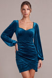 Long Sleeve Peacock Blue Bodycon Mini Velvet Dress