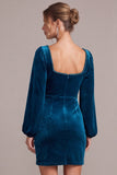 Long Sleeve Peacock Blue Bodycon Mini Velvet Dress