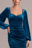 Long Sleeve Peacock Blue Bodycon Mini Velvet Dress