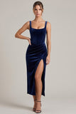 Corset Square Neck Navy Sheath Midi Velvet Dress With Slit