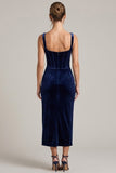 Corset Square Neck Navy Sheath Midi Velvet Dress With Slit