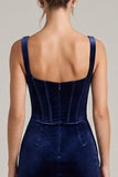 Corset Square Neck Navy Sheath Midi Velvet Dress With Slit