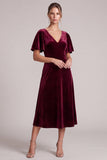 A Line Burgundy Flutter Sleeve Midi Velvet Dress